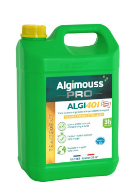 Anti verdissure et imperméabilisant 3h sans pluie Algi 401, fongicide, algicide, hydrofuge et oléofuge phase acqueuse pour toitures, murs, façades et terrasses bidon de 5 L ALGIMOUSS
