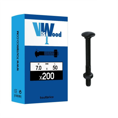 Boulon pour bois tête ronde à collet carré acier zingué noir 7X50 boîte de 200 - VISWOOD