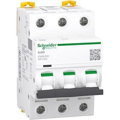 Disjoncteur - 3 Poles - 50A - Courbe D - 400Vca - 6000A/10kA Acti9 iC60N SCHNEIDER ELECTRIC