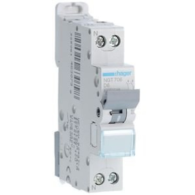 Disjoncteur 6A 1P+N 6-10kA Courbe D - 1 module HAGER