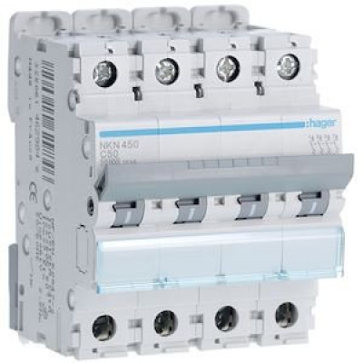 Disjoncteur 4P 10-15kA courbe C - 50A - 4 modules HAGER