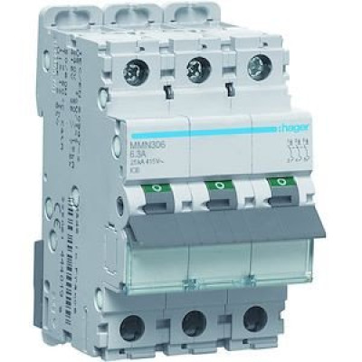 Disjoncteur magnétique 3P 25kA 6.3A 3 modules HAGER