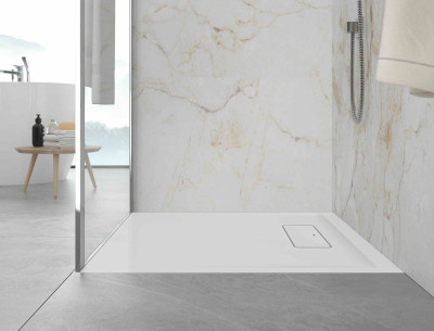 RECEVEUR EN BÉTON MINÉRAL TIM 150X80 BLANC + CACHE BONDE