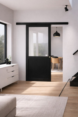 Porte Coulissante Atelier Noir H204 x L83 cm sans meneau, Rail alu Bandeau Noir, Coquilles