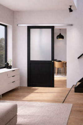Porte Coulissante Athena Noir H204 x L83 cm, Rail Alu, Coquilles