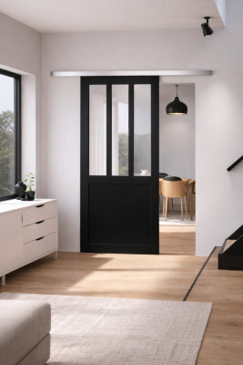 Porte Coulissante Atelier Noir H204 x L93 cm, Rail Alu, Coquilles Noir