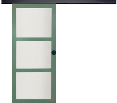 Porte Coulissante Vert Pâle Vitrée H204 x L83 cm, Rail Alu Bandeau Noir, coquilles Noir