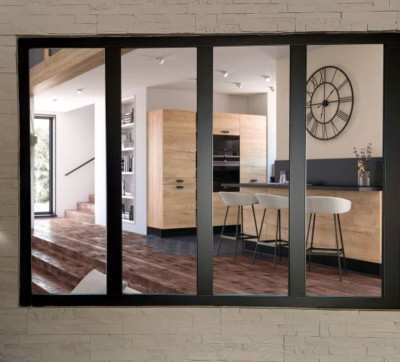 Verriere d'Atelier Bois MDF Noir 4 Vitrages Clairs H1080 Mm x L1478 Mm