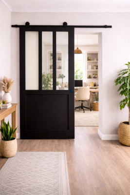 Porte Coulissante Atelier Noir H204 x L93 cm, Rail roulettes, Coquilles Noir