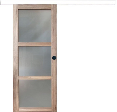 Porte Coulissante bois Frake Vitrée H204 x L73 cm, rail alu bandeau blanc, coquilles Noir