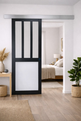 Porte Coulissante Atelier noir, blanc Vitrée H204 x L83 cm, Rail Alu, Coquilles Noir