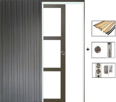 Porte Coulissante Gris Beige Vitrage transparent H204 x L73 cm, Galandage, Kit de finition