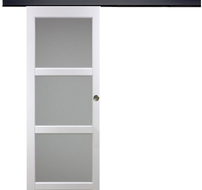 Porte Coulissante Kenya Blanc Vitrée H204 x L93 cm, Rail Alu bandeau noir, Coquilles