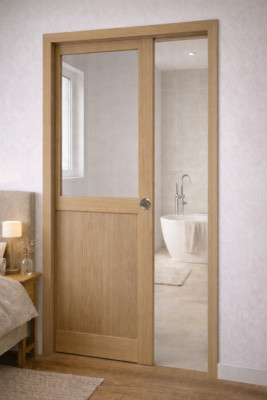Porte Coulissante Atelier placage chene Vitrée H204 x L73 cm, Galandage, kit finition
