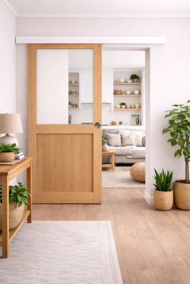 Porte Coulissante Atelier placage chene Vitrée H204 x L83 cm, Rail Alu Bandeau Blanc, Coquilles