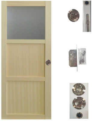 Porte Coulissante bois Ayous 2 Panneaux, 1 Vitrage H204 x L73 cm, serrure condamnation