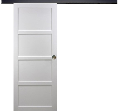 Porte Coulissante Tamera blanc 4 panneaux H204 x L63 cm, Rail Alu bandeau noir, Coquilles