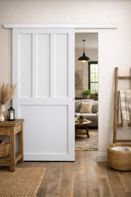 Porte Coulissante Atelier 2 panneaux blanc H204 x L73 cm, Rail Alu bandeau blanc, Coquilles blanc