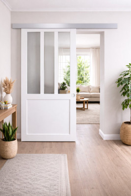 Porte Coulissante Atelier Blanc H204 x L73 cm, Rail Alu, Coquilles blanc