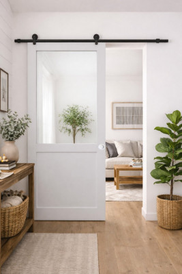 Porte Coulissante Atelier blanc H204 x L83 cm sans meneau+ Railroulettes, Coquilles blanc