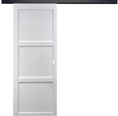 Porte Coulissante Korya Blanc 3 panneaux H204 x L73 cm, Rail Alu bandeau noir, Coquilles blanc