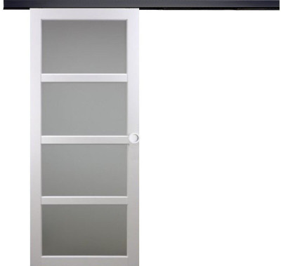 Porte Coulissante Tana Blanc Vitrée H204 X L63 cm, Rail Alu Bandeau Noir, Coquilles Blanc