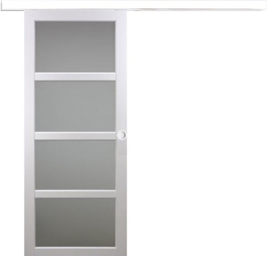 Porte Coulissante Tana Blanc Vitrée H204 X L93 cm, Rail Alu Bandeau Blanc, Coquilles Blanc
