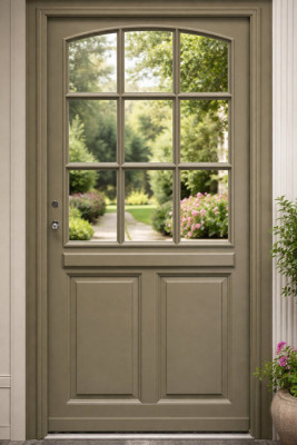 Porte d'entrée Bois Vitrée Ady, Vert Gris Olive, H.215xl.90 cm Côte Tableau p.Droit Poignée, Barillet