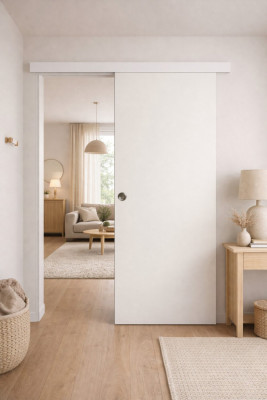 Porte Coulissante Lacdor Blanc Pur H204 x L83 cm, Rail alu Bandeau Blanc, coquilles