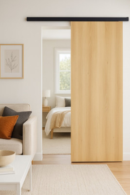 Porte Coulissante Honey OAK H204 x L73 cm, Rail alu Bandeau noir