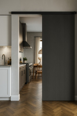 Porte Coulissante Grey OAK H204 x L93 cm, Rail alu Bandeau noir