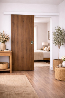 Porte Coulissante Light Walnut H204 x L93 cm, Rail alu Bandeau Blanc, Coquilles