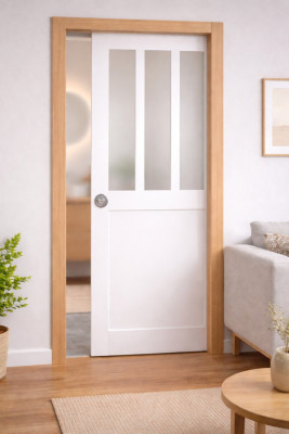 Porte Coulissante Atelier blanc vitre depoli H204 x L93 cm, Galandage, kit de finition