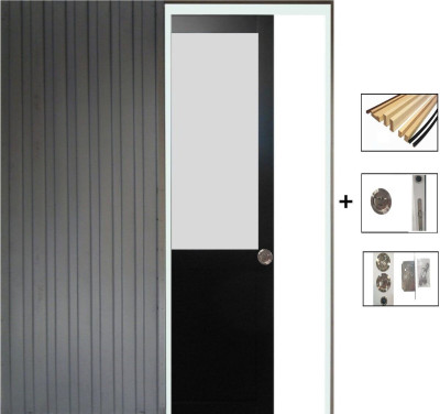 Porte Coulissante Athena Noir H204 x L93 cm, Galandage, kit finition