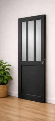 Porte Coulissante Atelier Noir vitre depoli H204 x L83 cm, coquilles, tire doigt