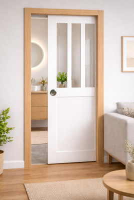 Porte Coulissante Atelier Blanc H204 x L93 cm, Galandage, kit finition