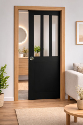 Porte Coulissante Atelier Noir H204 x L73 cm, Galandage, kit finition