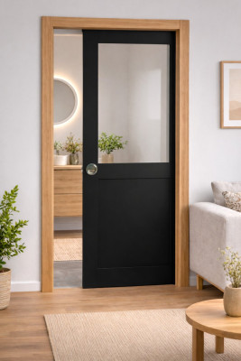 Porte Coulissante Atelier Noir H204 x L93 cm sans meneau, Galandage, kit finition