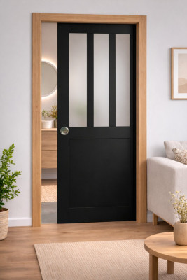 Porte Coulissante Atelier Noir vitre depoli H204 x L83 cm, Galandage, kit finition