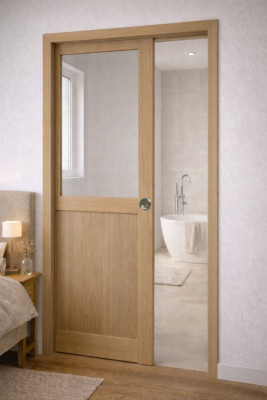 Porte Coulissante Atelier placage chene Vitrée H204 x L73 cm, Galandage, kit finition