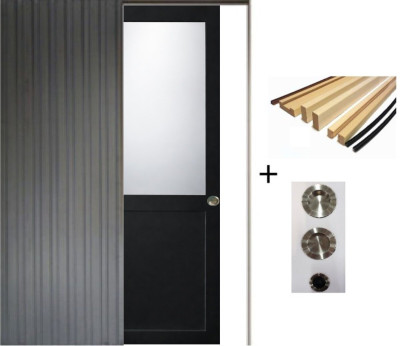 Porte Coulissante Athena Noir H204 x L73 cm, Galandage, kit finition