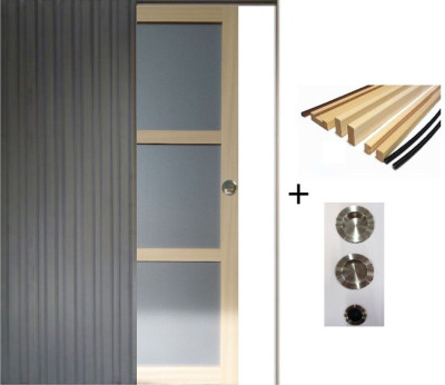 Porte Coulissante Ayous 3 Panneaux Gris Clair H204 x L83 cm, Galandage, kit finition