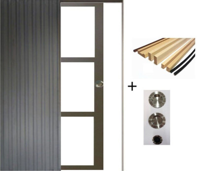 Porte Coulissante Gris Beige Vitrage transparent H204 x L73 cm, Galandage, kit finition