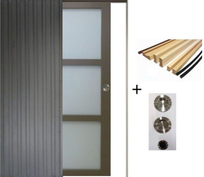 Porte Coulissante Gris Beige Vitrée H204 x L73 cm, Galandage, kit finition