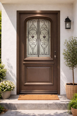 Porte d'entrée Bois Vitrée Adrien Gris Quartz, H.215xl.90 cm Côte Tableau p. Gauche, Poignee, Barillet, Bouton