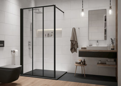 PAROI ARTY LOFT2 140CM SANS PROFILE EXTERIEUR NOIR MAT SERIGRAPHIE VERRIERE + BARRE DE STAB MURALE