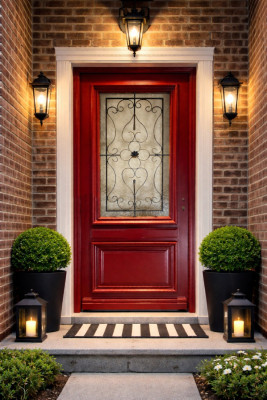 Porte d'entrée Bois Vitrée Canada Rouge pourpre, H.215xl.90 cm Côte Tableau p,Gauche, Poignee, Barillet, Bouton