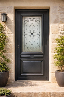 Porte d'entrée Bois Vitrée Candice Gris Anthr, H.215xl.90 cm Côte Tableau p,Droit, Poignee, Barillet, Bouton