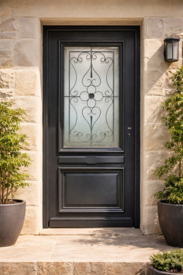 Porte d'entrée Bois Vitrée Candice Gris Anthr, H.215xl.90 cm Côte Tableau p. Gauche, Poignee, Barillet, Bouton