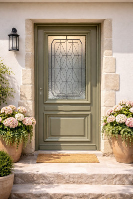 Porte d'entrée Bois Vitrée Canelle Vert Gris Olive, H.215xl.90 cm Côte Tableau p,Droit, Poignee, Barillet, Bouton